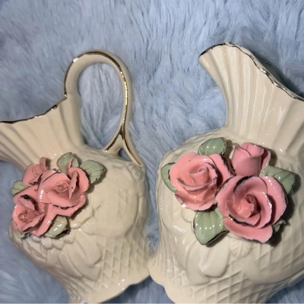 Vintage Porcelain Pink Rose Pitcher Vases Lattice Pattern Gold Trim Collectible